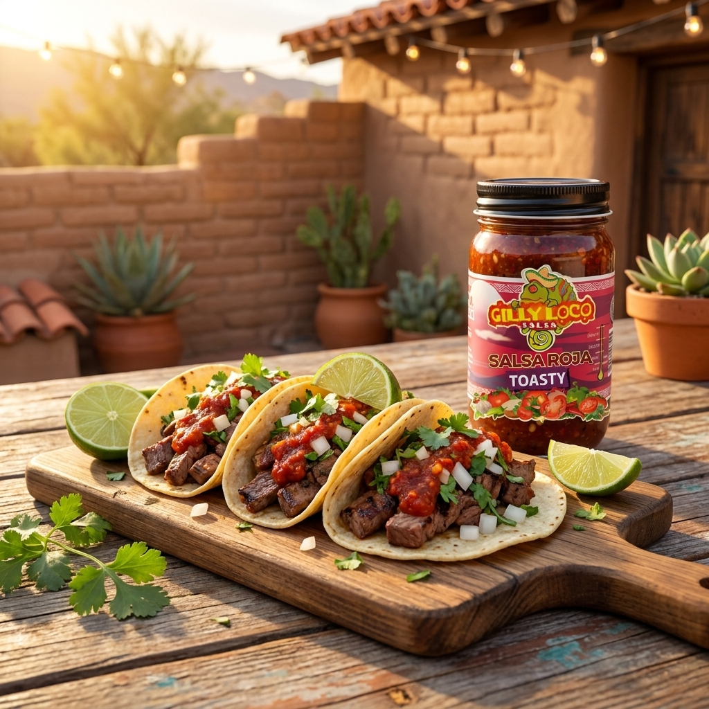 Authentic New Mexico street tacos topped with Gilly Loco Salsa Roja, diced white onion, fresh cilantro and lime on a rustic wooden board