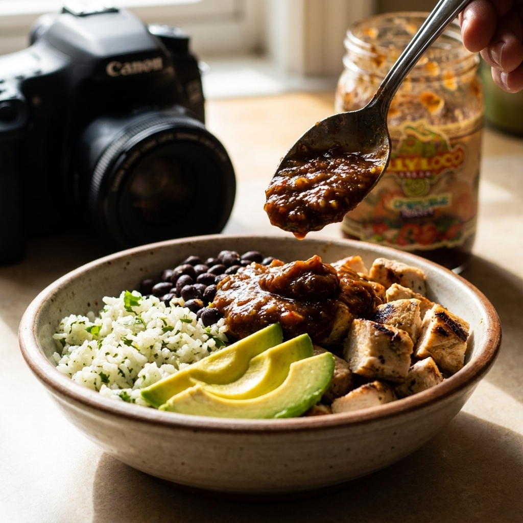 Gilly Loco Chipotle Salsa spooned over a loaded burrito bowl with cilantro lime rice, black beans, grilled chicken, and avocado
