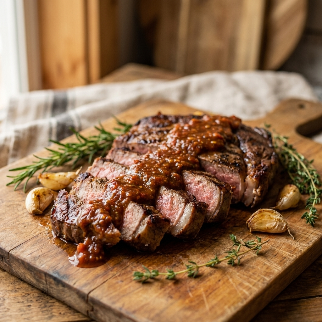 Gilly Loco Chipotle Salsa poured over sliced grilled ribeye steak on a wooden cutting board with roasted garlic and herbs