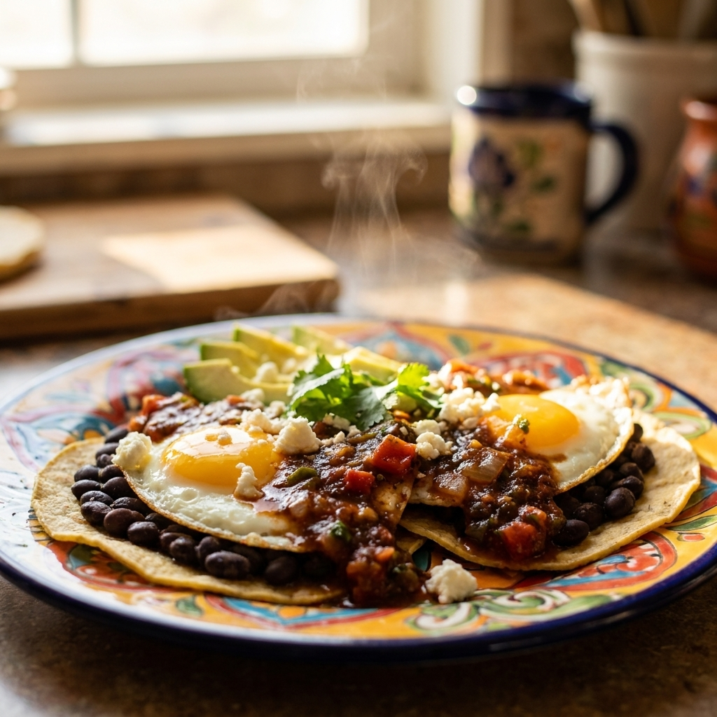 Gilly Loco Chipotle Salsa drizzled over huevos rancheros with fried eggs, corn tortillas, and black beans