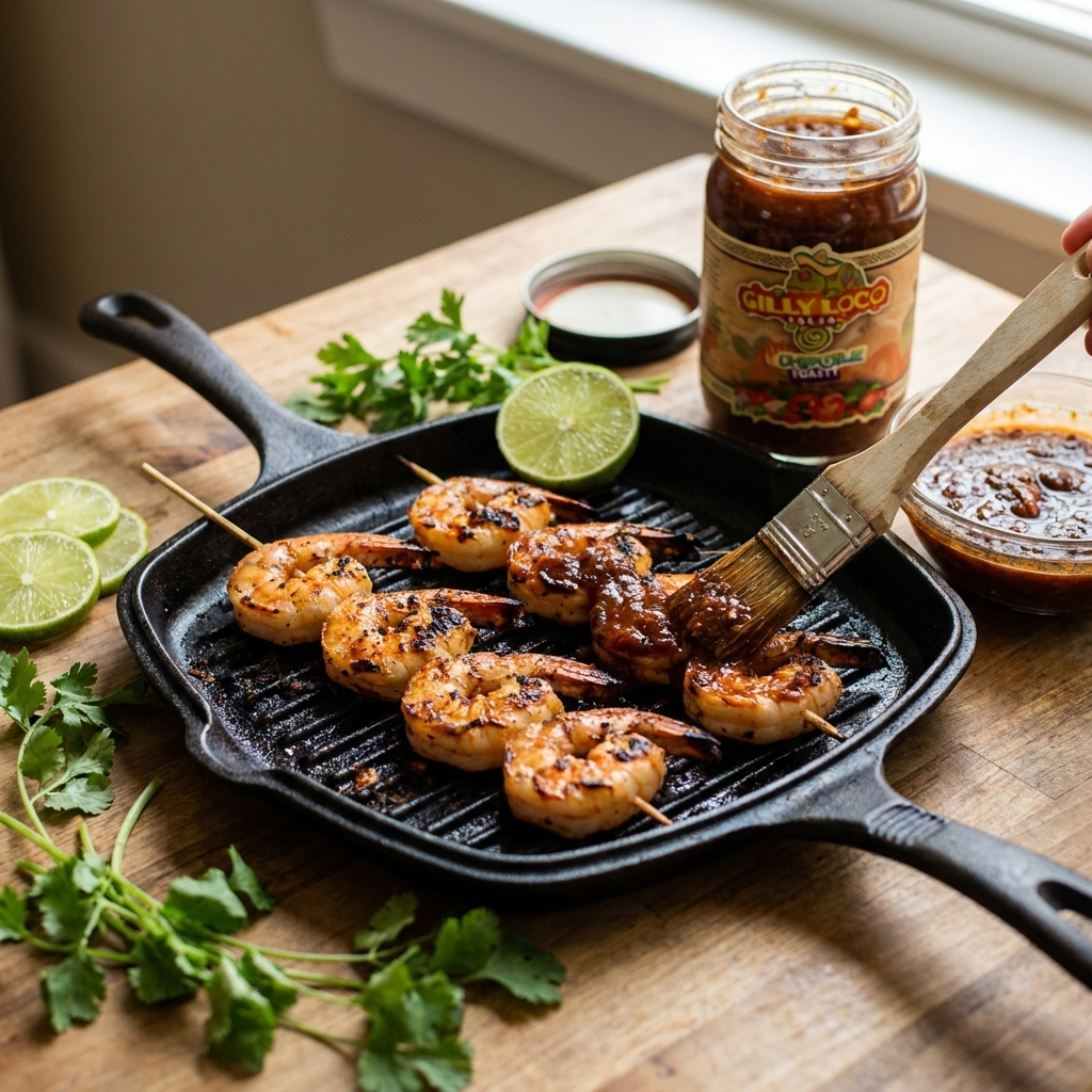 Gilly Loco Chipotle Salsa brushed onto jumbo grilled shrimp skewers on a grill pan with fresh limes and herbs