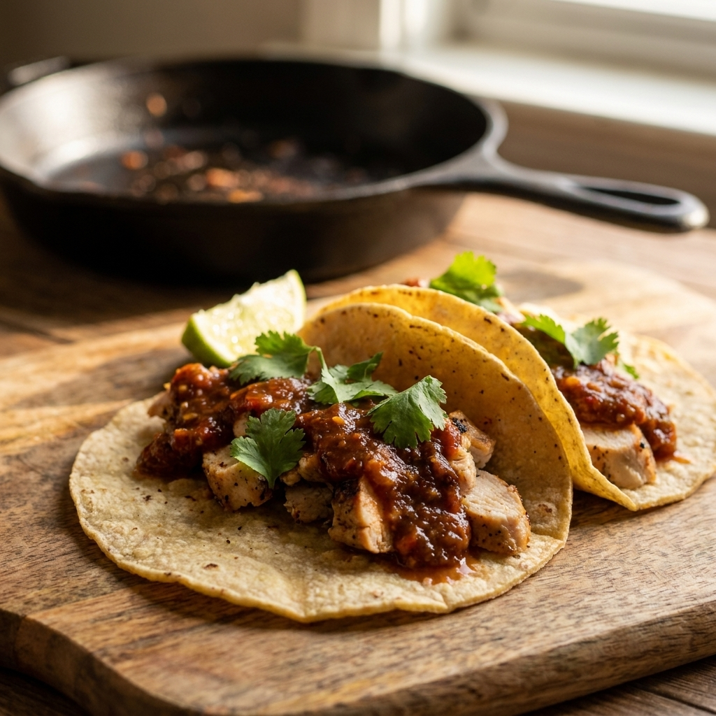Gilly Loco Chipotle Salsa spooned over grilled chicken street tacos with cilantro and lime on a rustic wooden surface