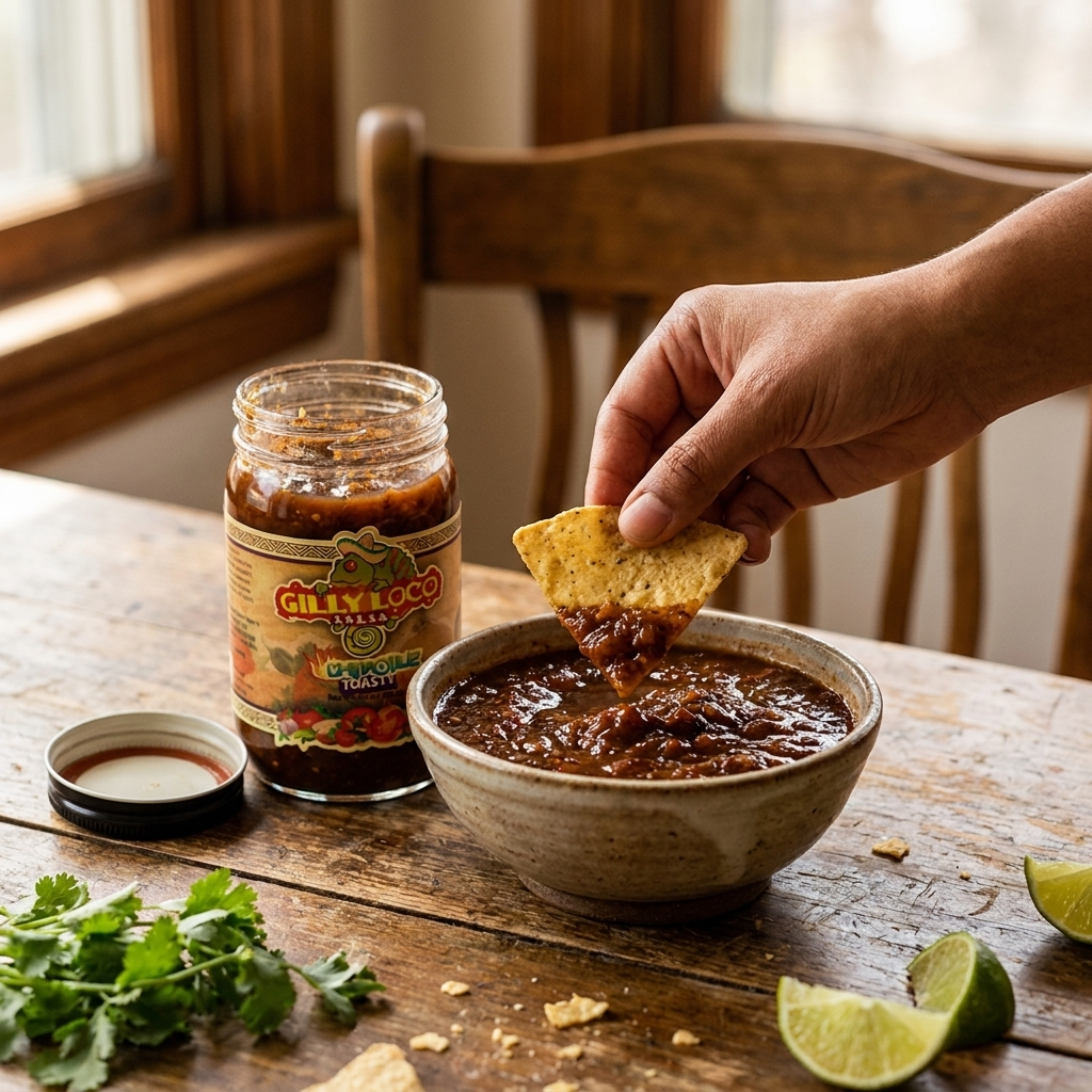 Hand dipping a Gilly Loco tortilla chip into a bowl of Chipotle Salsa on a rustic wooden table