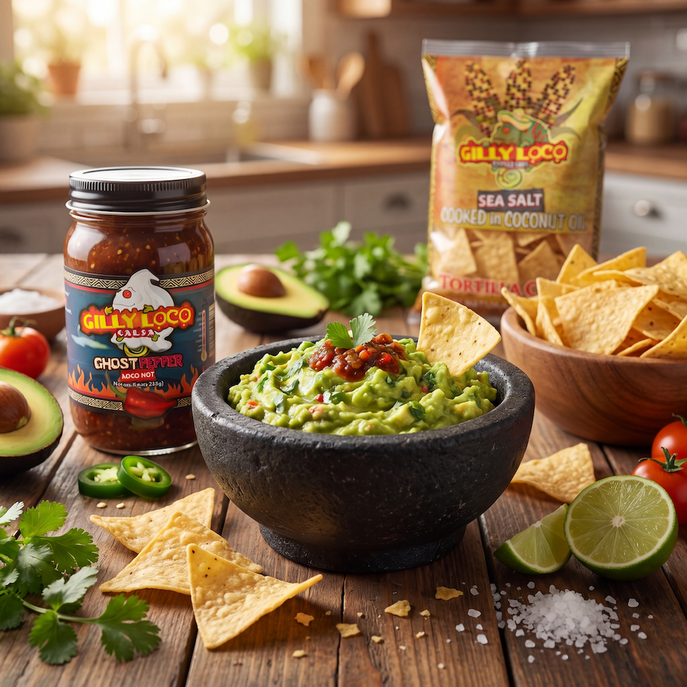 Creamy ghost pepper guacamole topped with Gilly Loco Ghost Pepper Salsa served with crispy Gilly Loco Sea Salt Tortilla Chips, fresh avocado, jalapeños, cilantro, and lime on a rustic wooden table.