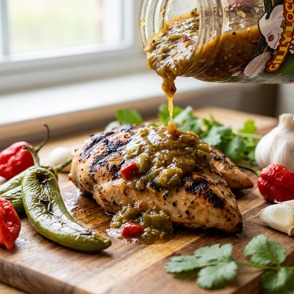 Gilly Loco Green Chile Ghost Pepper Salsa poured over grilled chicken breast on a wooden cutting board with roasted green chiles, fresh ghost peppers, garlic, and cilantro
