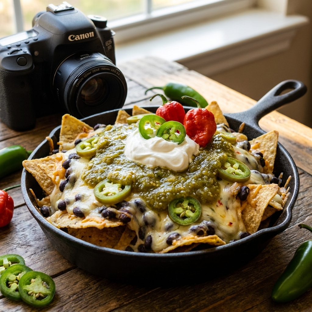Gilly Loco Green Chile Ghost Pepper Salsa spooned over loaded nachos with melted pepper jack cheese, black beans, jalapeños, and sour cream in a cast iron skillet