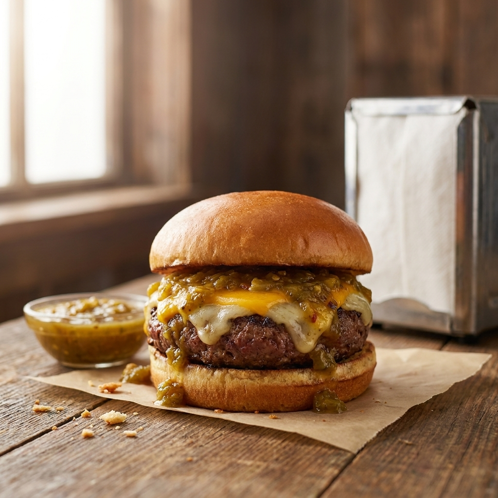 Classic New Mexico green chile cheeseburger topped with Gilly Loco Hatch Green Chile Sauce and melted cheese on a toasted bun