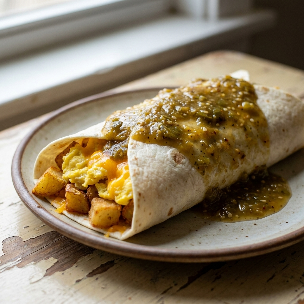 Gilly Loco Hatch Green Chile Sauce smothered over a classic New Mexico breakfast burrito with scrambled eggs, crispy potatoes, and cheddar cheese