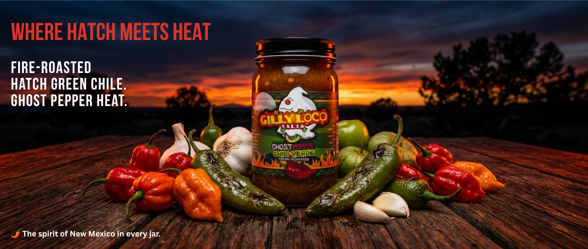 Gilly Loco Ghost Pepper Green Chile Sauce with Hatch green chiles and ghost peppers against a dramatic New Mexico sunset.