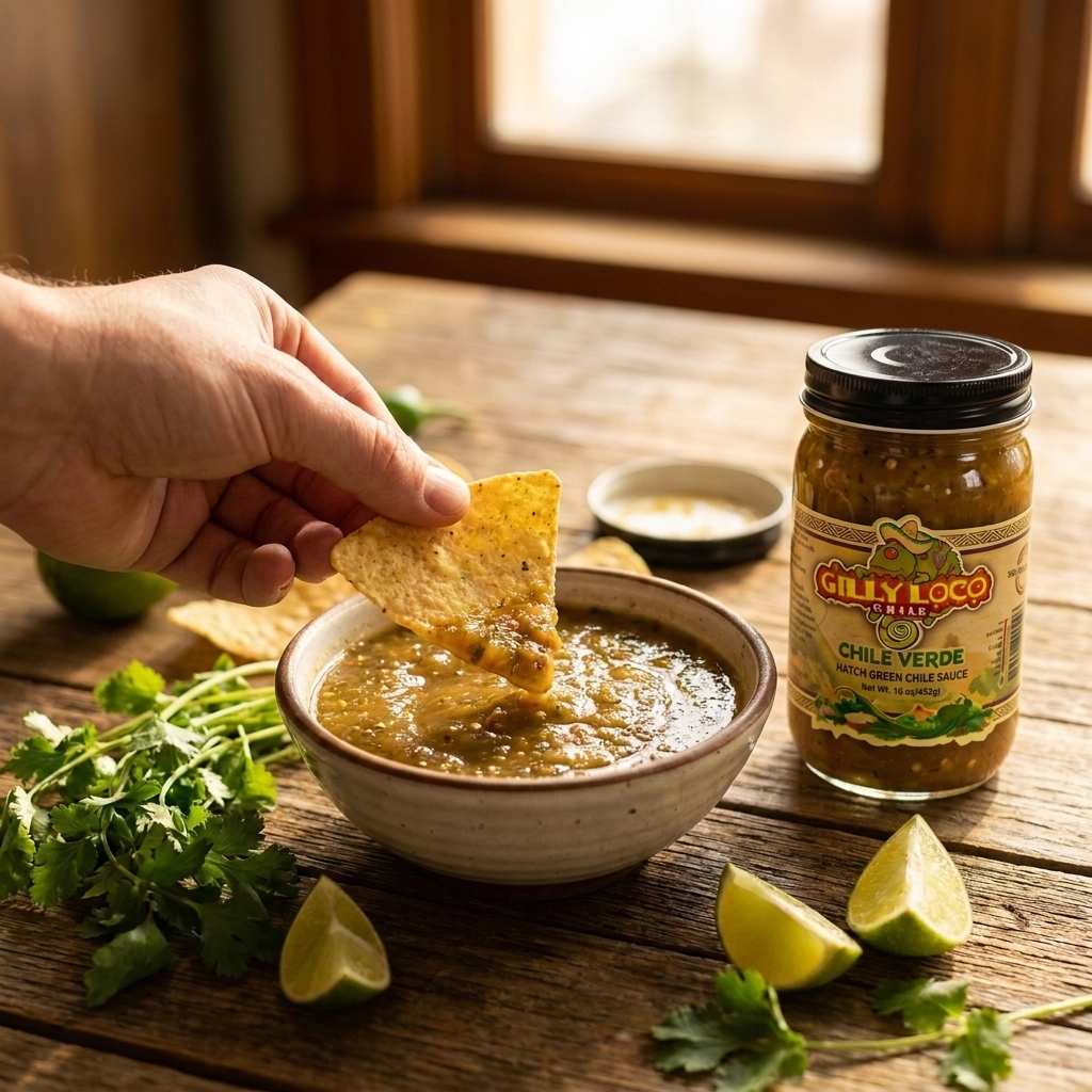 Hand dipping a Gilly Loco tortilla chip into a bowl of Hatch Green Chile Sauce with cilantro and lime on a rustic wooden table
