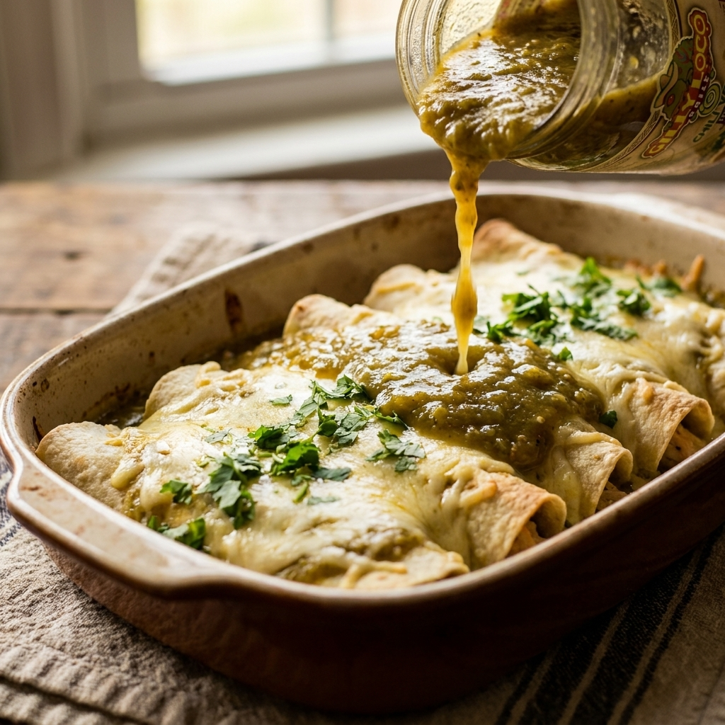 Gilly Loco Hatch Green Chile Sauce poured over rolled chicken enchiladas with melted Monterey Jack cheese and cilantro garnish