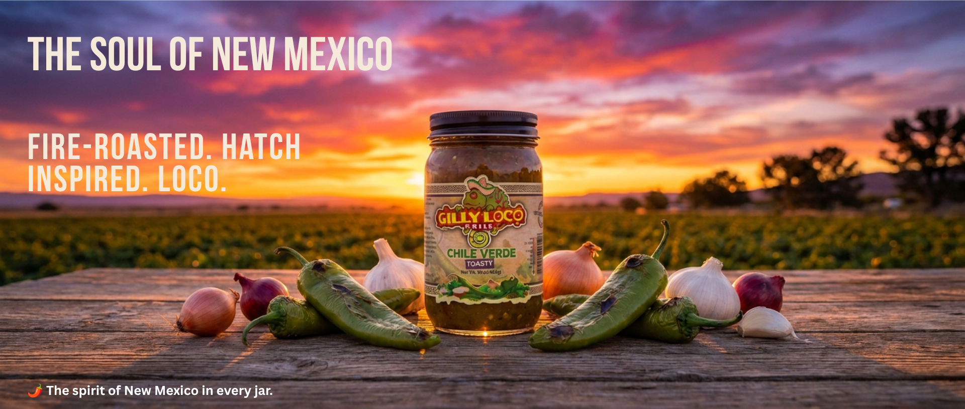 Gilly Loco Hatch Green Chile Sauce displayed with fire-roasted Hatch green chiles, garlic, and onions on a rustic wooden table at sunset in New Mexico.