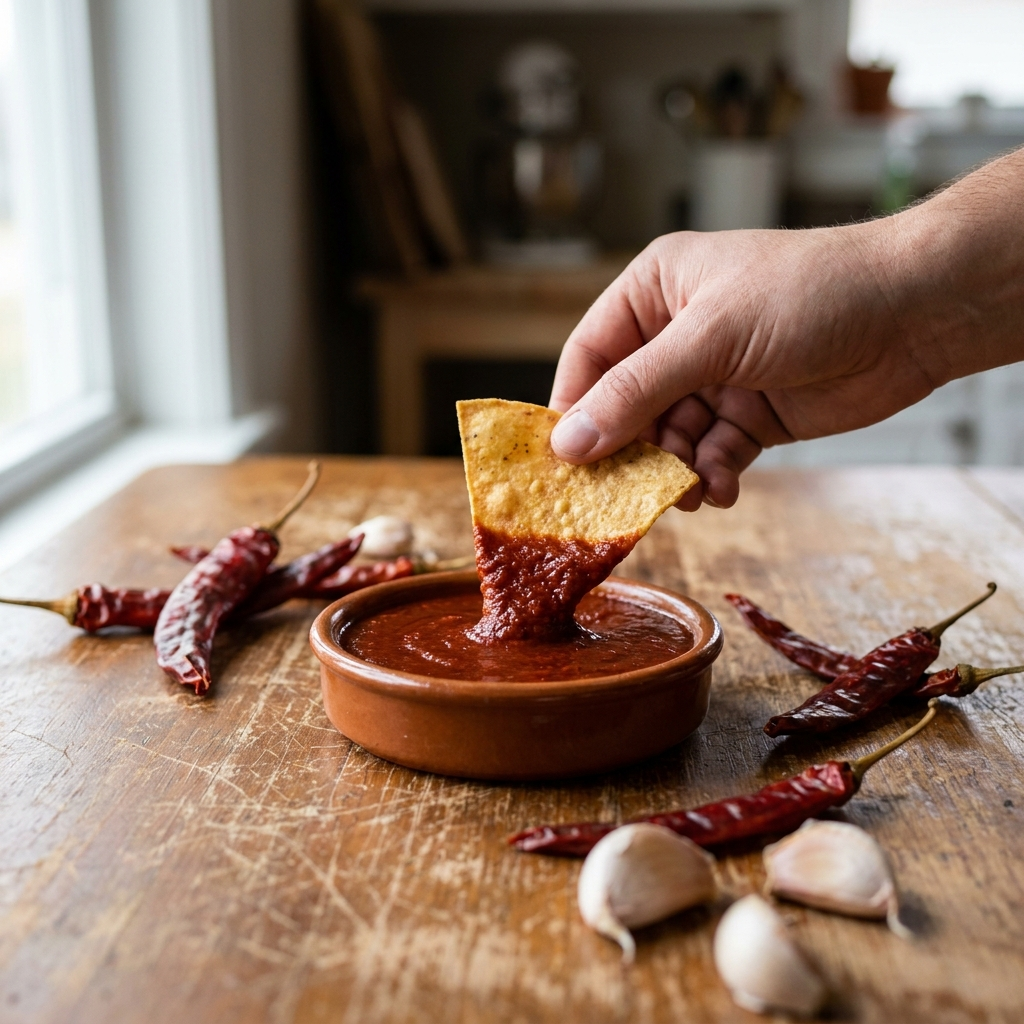 Hand dipping a tortilla chip into a bowl of Gilly Loco Hatch Red Chile Sauce with dried red chiles and garlic on a weathered wooden table