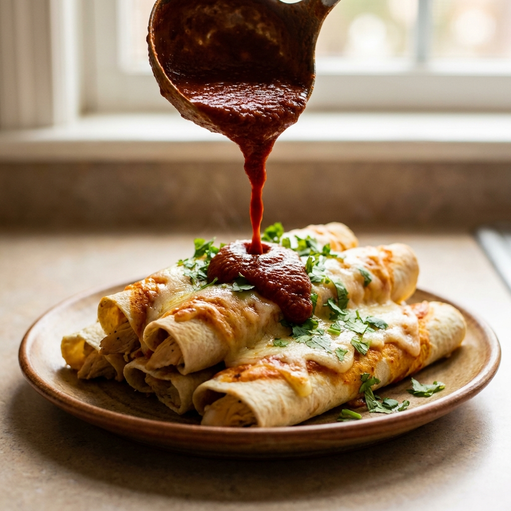 Gilly Loco Hatch Red Chile Sauce poured over rolled chicken enchiladas with melted Monterey Jack cheese and cilantro on a rustic ceramic plate
