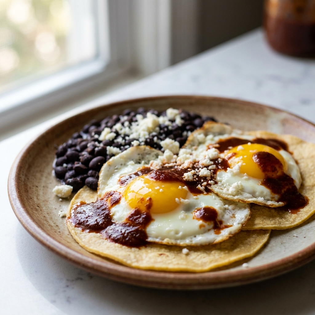 Gilly Loco Hatch Red Chile Sauce drizzled over huevos rancheros with fried eggs, corn tortillas, black beans, and cotija cheese on a rustic plate