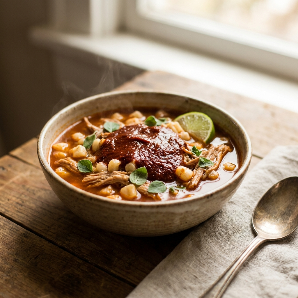 Gilly Loco Hatch Red Chile Sauce ladled over a bowl of New Mexico posole with hominy, shredded pork, oregano, and lime on a rustic wooden table