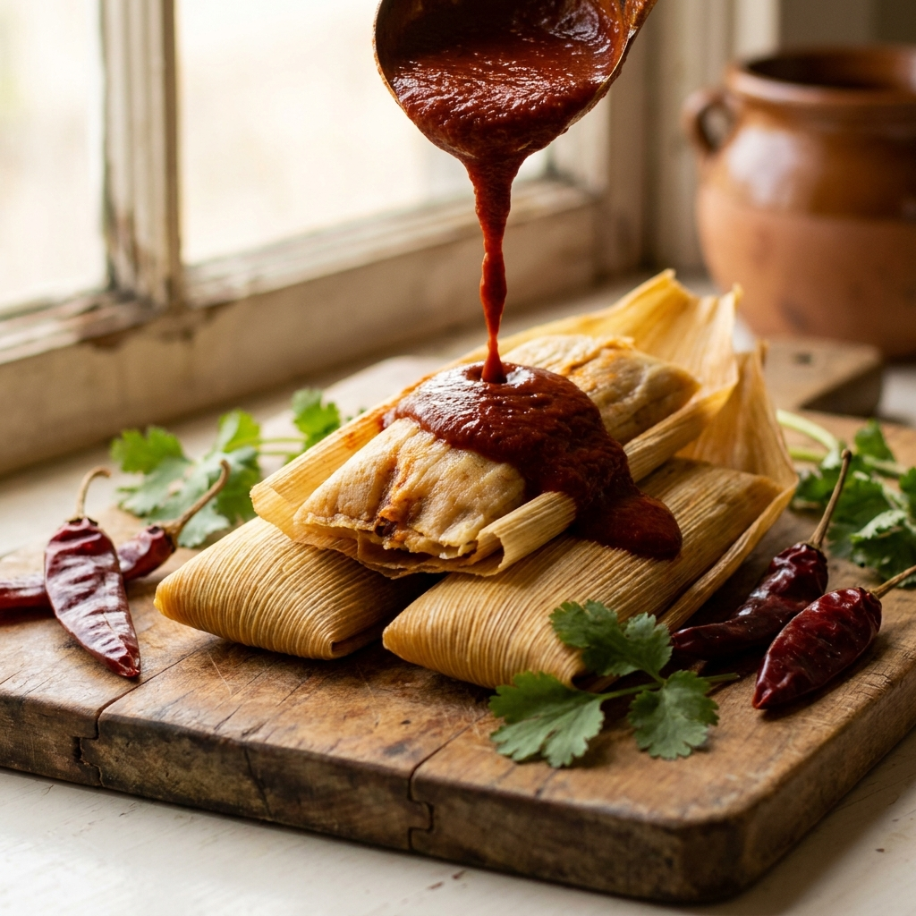 Gilly Loco Hatch Red Chile Sauce poured over New Mexico tamales unwrapped on a rustic wooden board with dried red chiles and cilantro