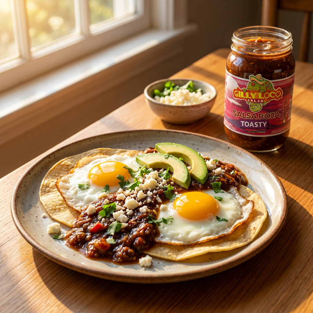 Classic huevos rancheros with fried eggs on corn tortillas smothered in Gilly Loco Salsa Roja, topped with cotija cheese, avocado and cilantro