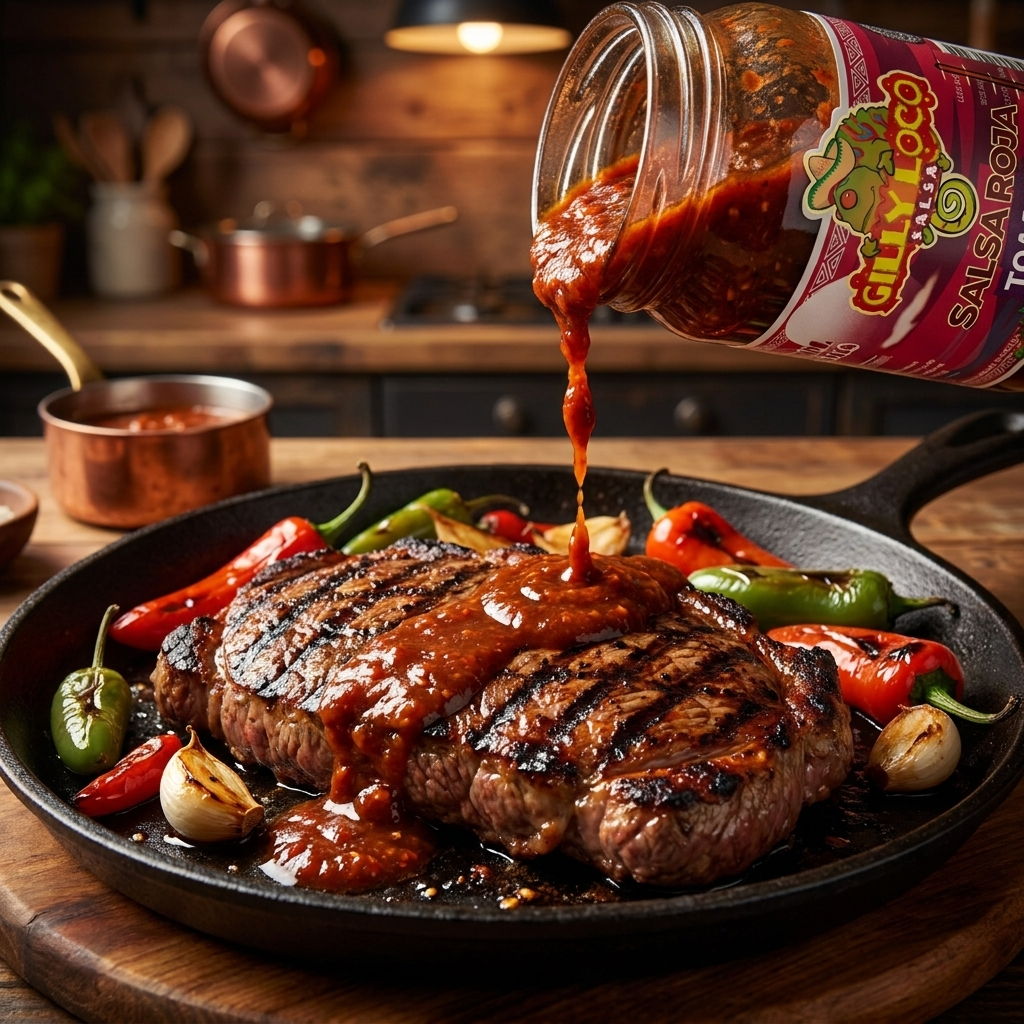 Gilly Loco Salsa Roja poured over sizzling carne asada on a cast iron skillet with roasted peppers and garlic — bold New Mexico flavor on grilled meat