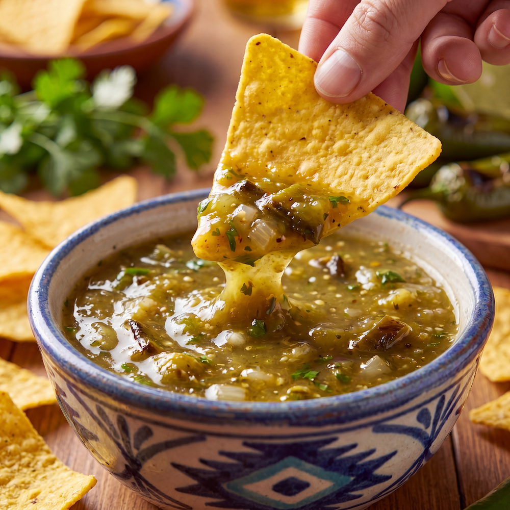 Gilly Loco seed oil free tortilla chip dipped in handcrafted Tomatillo Verde salsa with roasted Hatch chile flavor