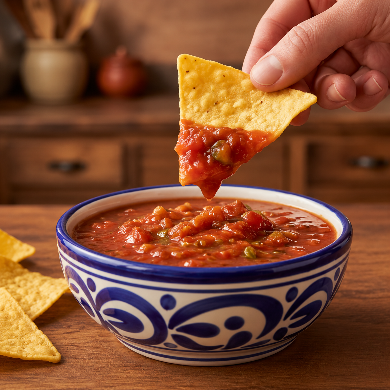 Golden tortilla chip dipped into chunky red salsa above a handcrafted blue-and-white ceramic bowl on a rustic wooden table, with warm natural lighting and a softly blurred kitchen background.