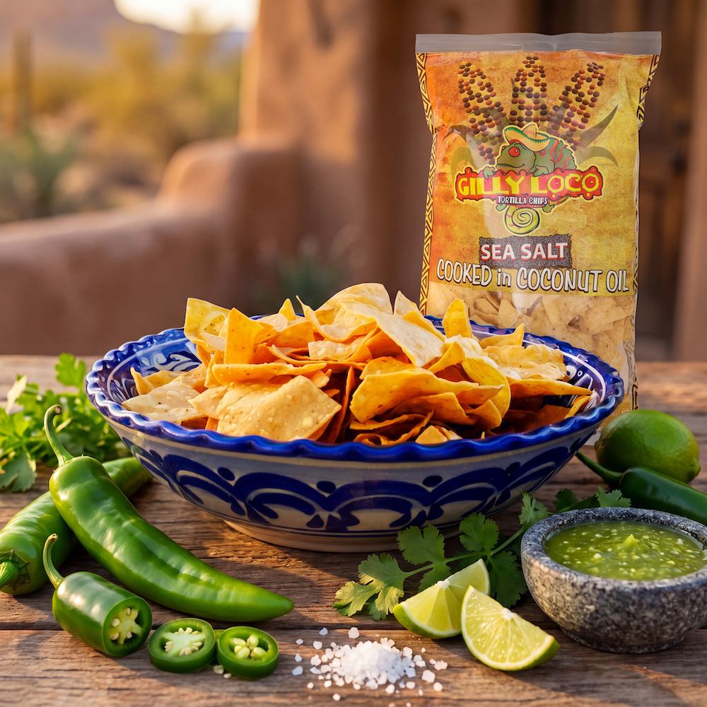 Gilly Loco tortilla chips with a bag, bowl of chips, and ingredients on a wooden surface.