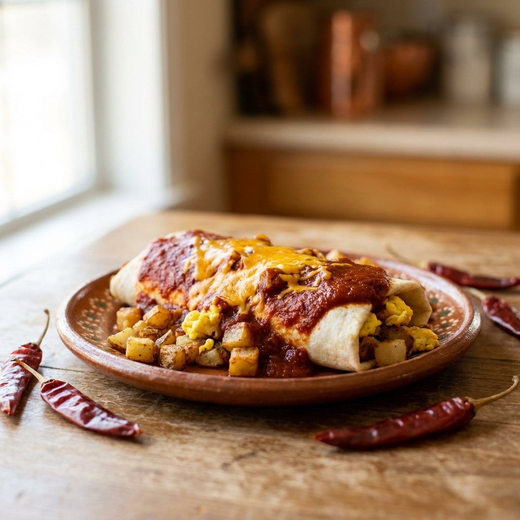 Gilly Loco Hatch Red Chile Sauce smothered over a New Mexico breakfast burrito with scrambled eggs, crispy potatoes, and melted cheddar cheese on a ceramic plate