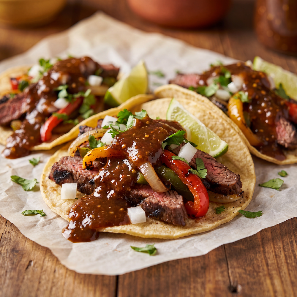 Three grilled steak street tacos topped with Gilly Loco Ghost Pepper Salsa, fresh cilantro, onion, and lime wedges on a rustic wooden table.