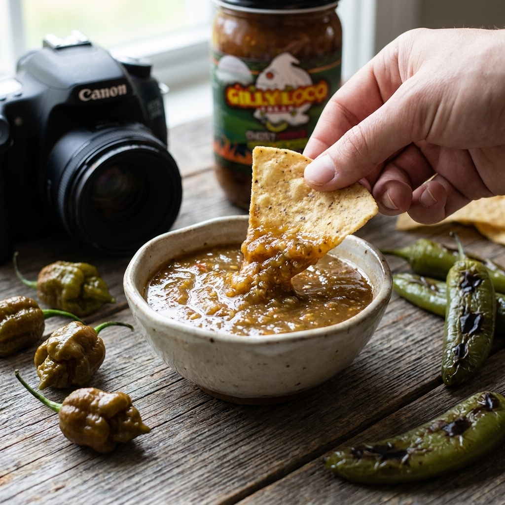 Hand dipping a Gilly Loco tortilla chip into a bowl of Green Chile Ghost Pepper Salsa with fresh ghost peppers and roasted green chiles on a rustic wooden table