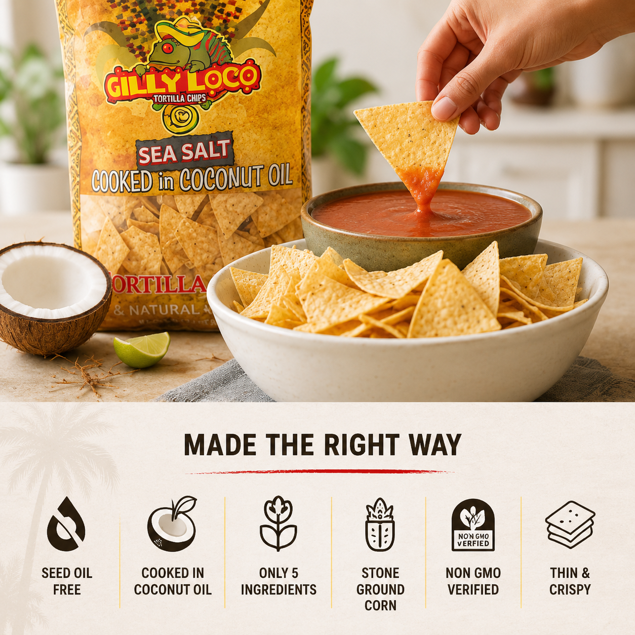 Gilly Loco tortilla chips being dipped into salsa with packaging and ingredients displayed.