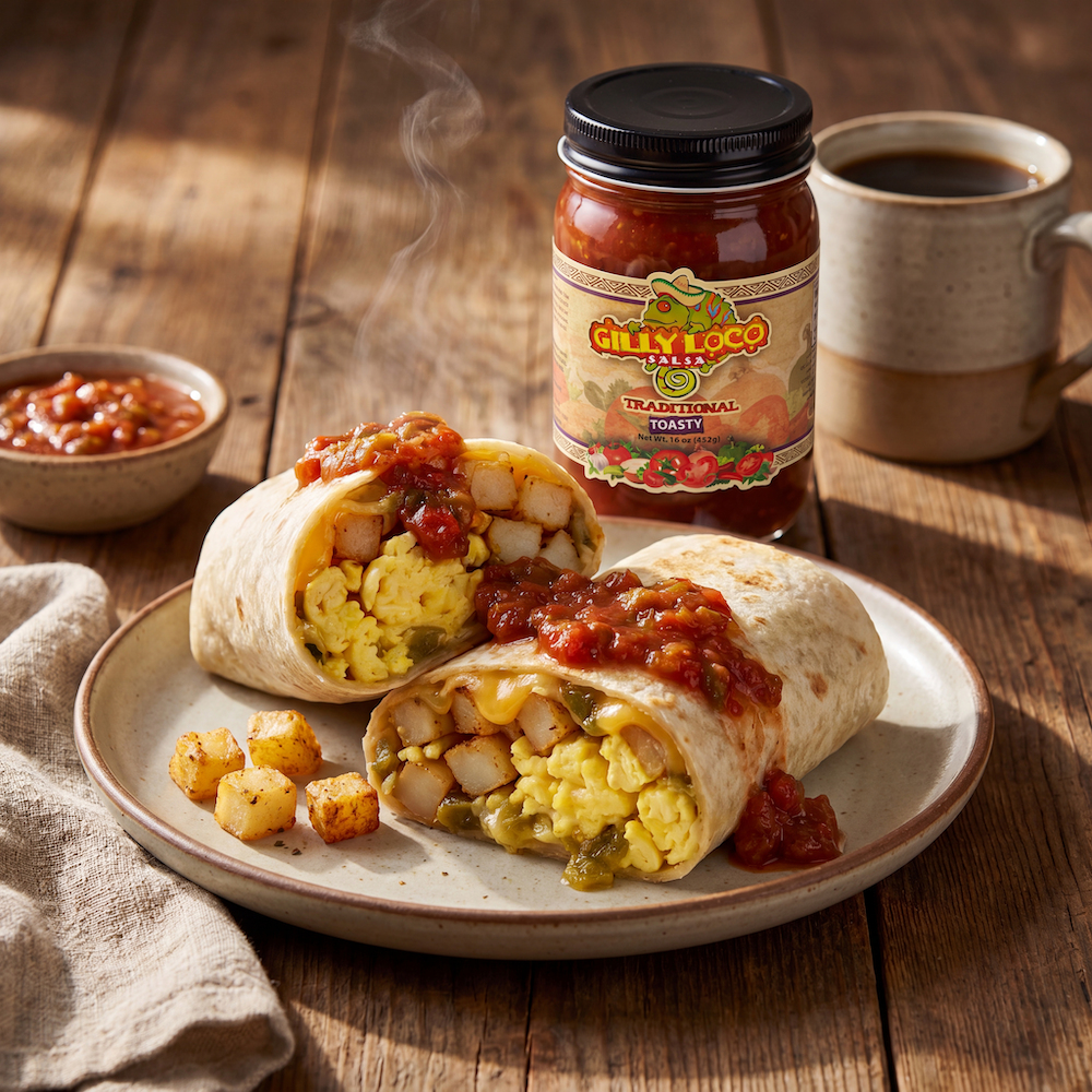 Breakfast burritos filled with eggs, potatoes, and green chile, topped with Gilly Loco Traditional Salsa. A jar of Traditional Salsa sits beside the plate on a rustic wooden table with fresh salsa and coffee in the background.