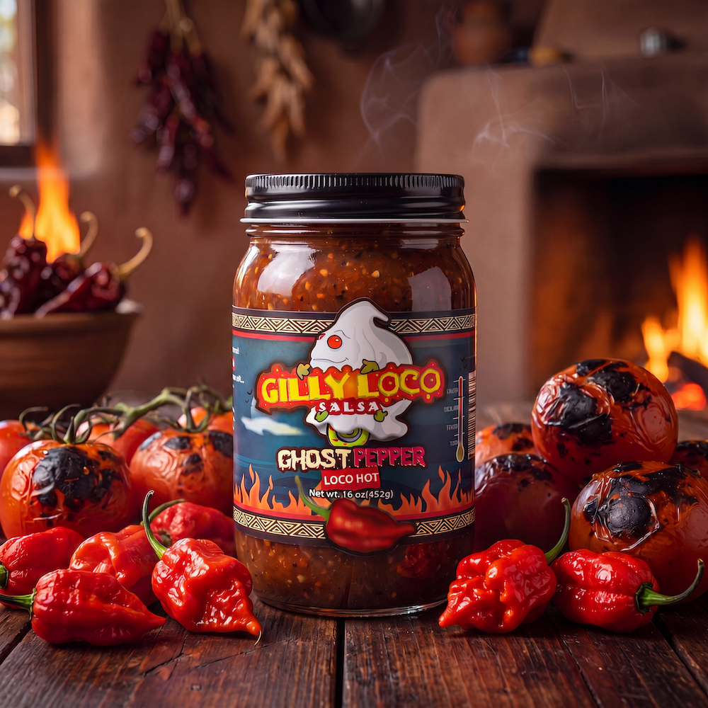 Jar of Gilly Loco Ghost Pepper Salsa surrounded by fresh ghost peppers and fire-roasted tomatoes in a rustic New Mexico kitchen with a glowing fireplace.