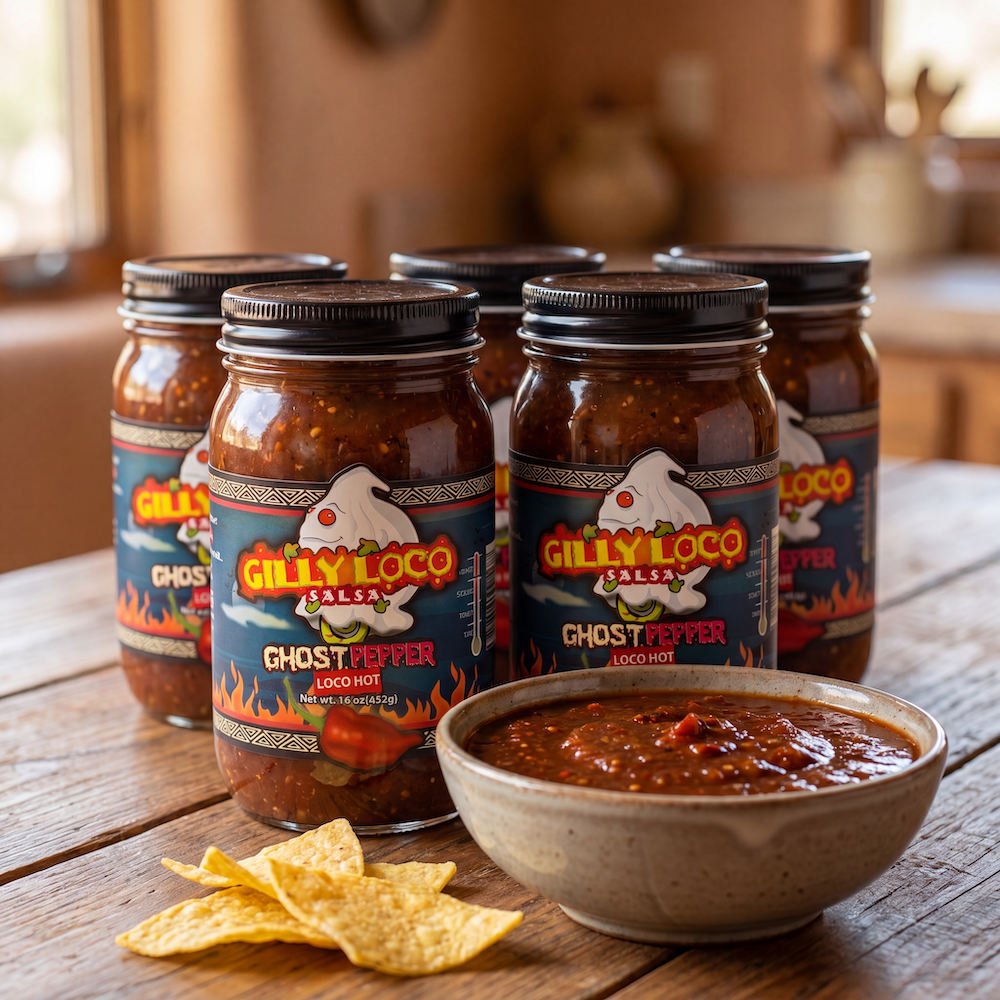 "Gilly Loco Ghost Pepper Salsa 6-Pack featuring six jars of Ghost Pepper Salsa with a bowl of salsa and tortilla chips on a rustic wooden table."