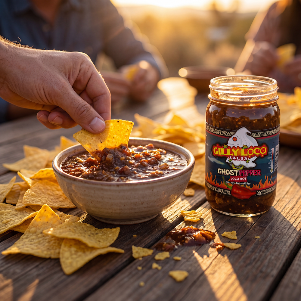 Hand dipping a tortilla chip into Gilly Loco Ghost Pepper Salsa beside an open jar of salsa on a rustic table at sunset.