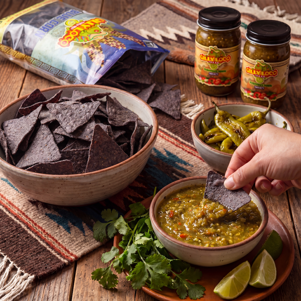 Gilly Loco blue corn tortilla chips dipped in Hatch green chile salsa with roasted green chiles, fresh cilantro, and authentic New Mexico flavors.