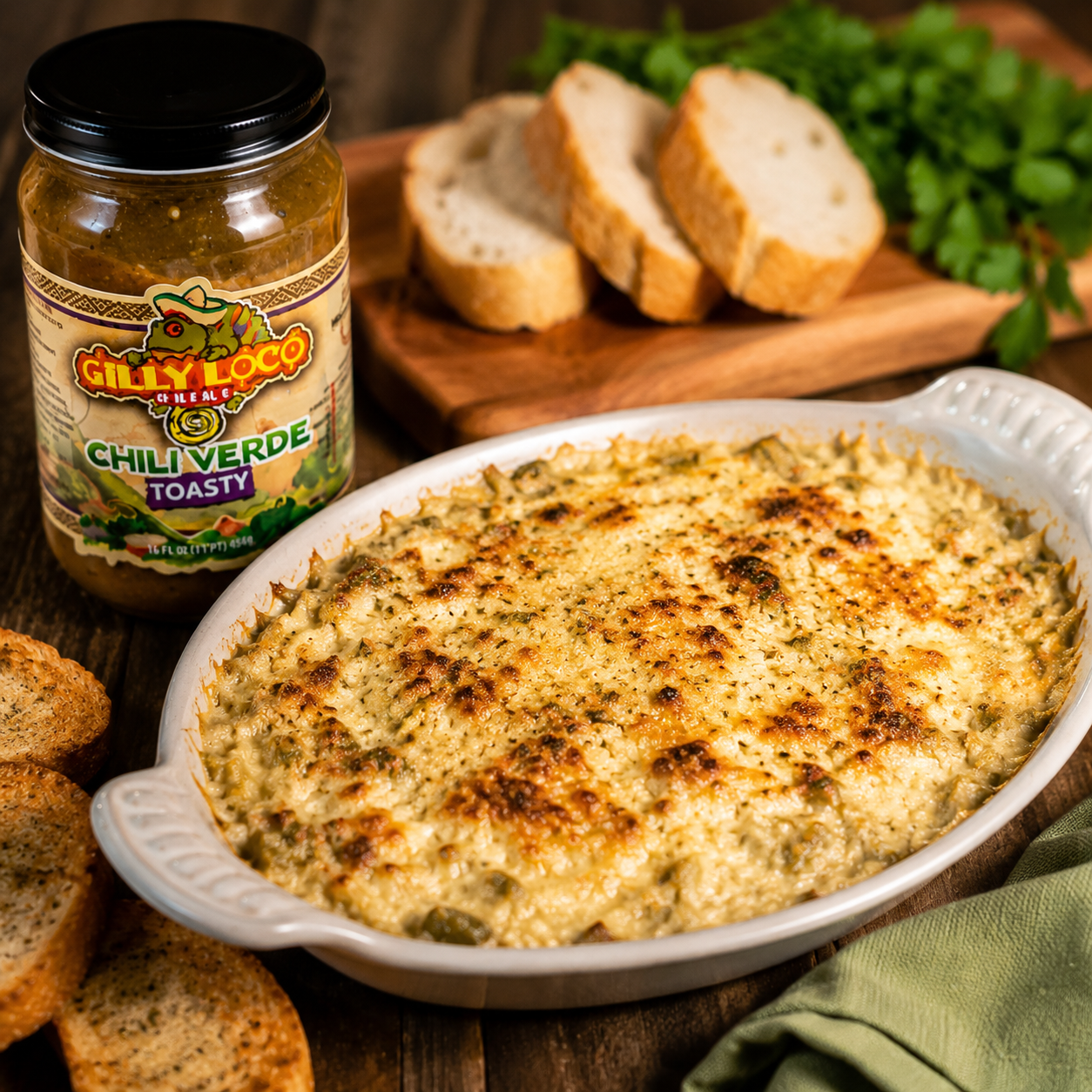 Creamy Gilly Loco chile verde hot crab artichoke dip baked until golden brown and served warm with toasted bread and bold Hatch green chile flavor