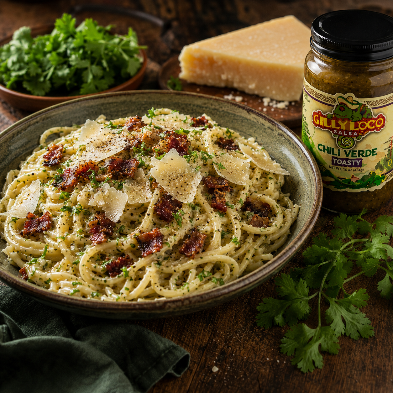 Creamy chile verde carbonara pasta with crispy bacon, Parmesan cheese, and fresh cilantro served beside Gilly Loco Hatch green chile salsa on a rustic wooden table