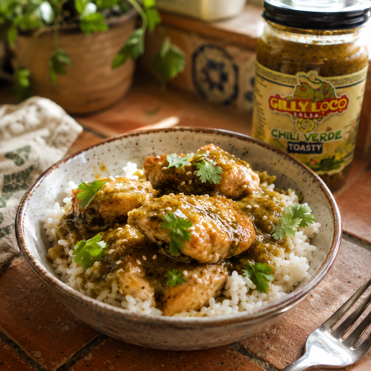 Gilly Loco Hatch green chile teriyaki chicken served over white rice in a rustic Southwest kitchen with authentic New Mexico flavor