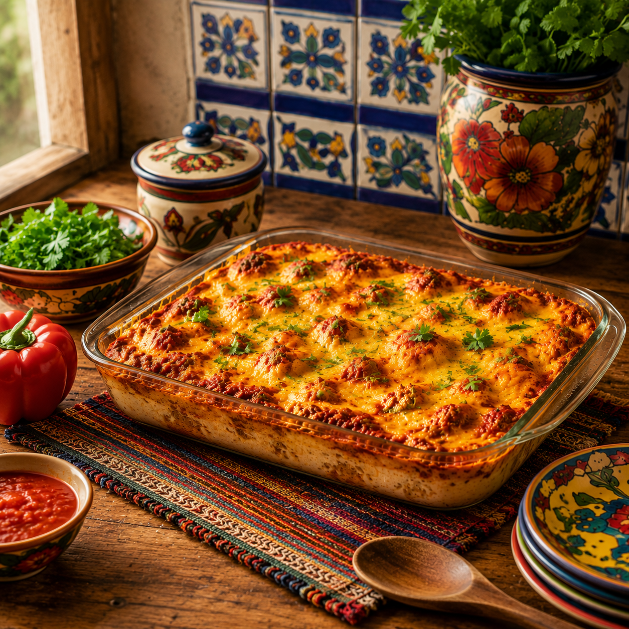 Gilly Loco New Mexico red chile breakfast casserole with melted cheese, sausage, eggs, and authentic Southwest flavor served in a rustic kitchen setting