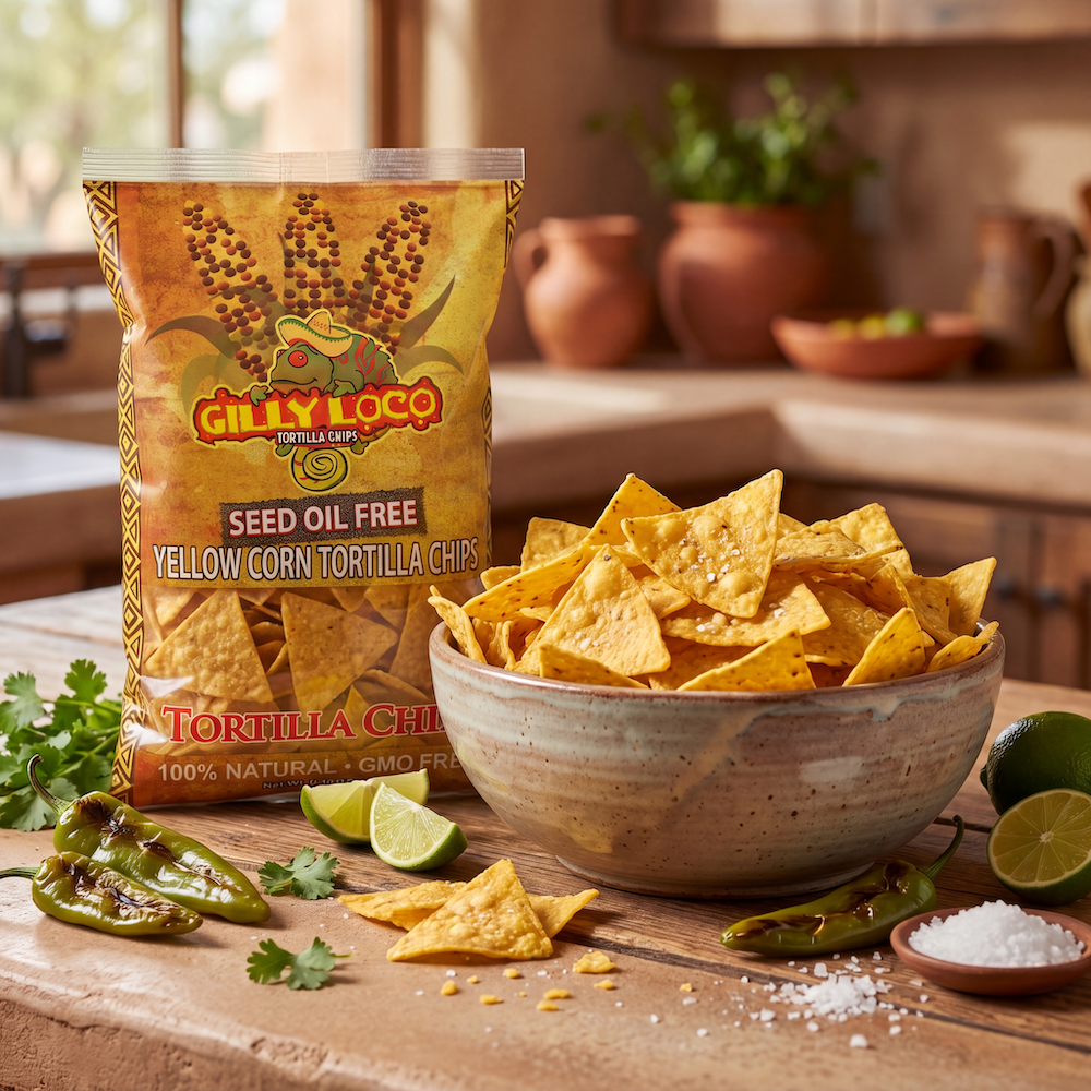 Gilly Loco seed oil free yellow corn tortilla chips cooked in coconut oil with authentic New Mexico flavor