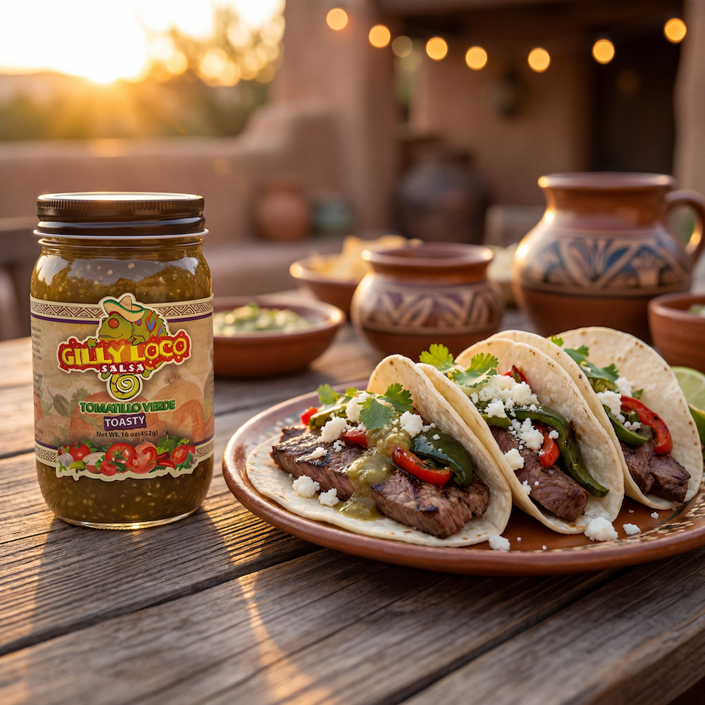 Gilly Loco Tomatillo Verde Salsa served alongside grilled steak tacos topped with cotija cheese, roasted peppers, and fresh cilantro on a rustic outdoor table at sunset.