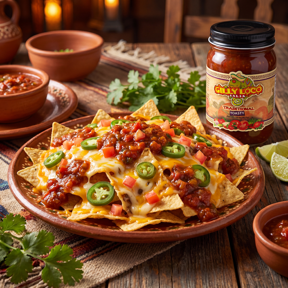 Loaded nachos topped with melted cheese, jalapeños, diced tomatoes, and Gilly Loco Traditional Salsa, served alongside a jar of Traditional Salsa on a rustic Southwest table.