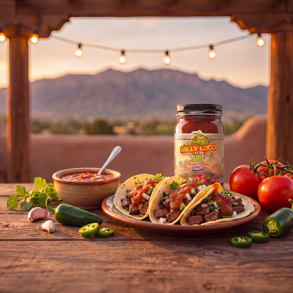 Authentic steak street tacos topped with Gilly Loco Traditional Salsa, served beside a jar of Traditional Salsa on a rustic Southwest patio table with fresh tomatoes, jalapeños, garlic, and mountain views in the background.
