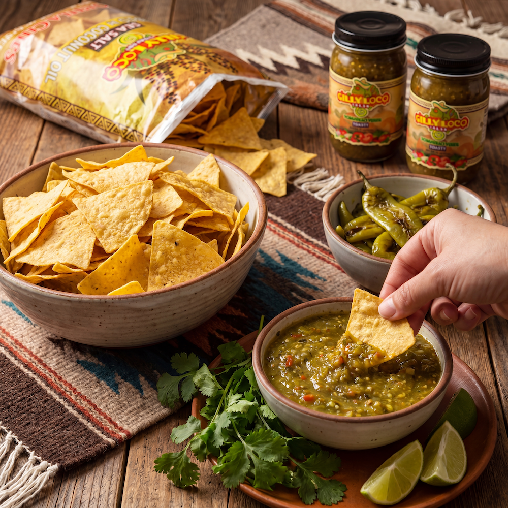 Gilly Loco yellow corn tortilla chips served with Tomatillo Salsa and roasted Hatch green chiles