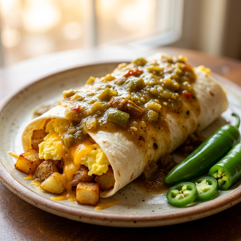 Gilly Loco Green Chile Ghost Pepper Salsa smothered over a New Mexico breakfast burrito with scrambled eggs, crispy potatoes, and melted cheddar cheese