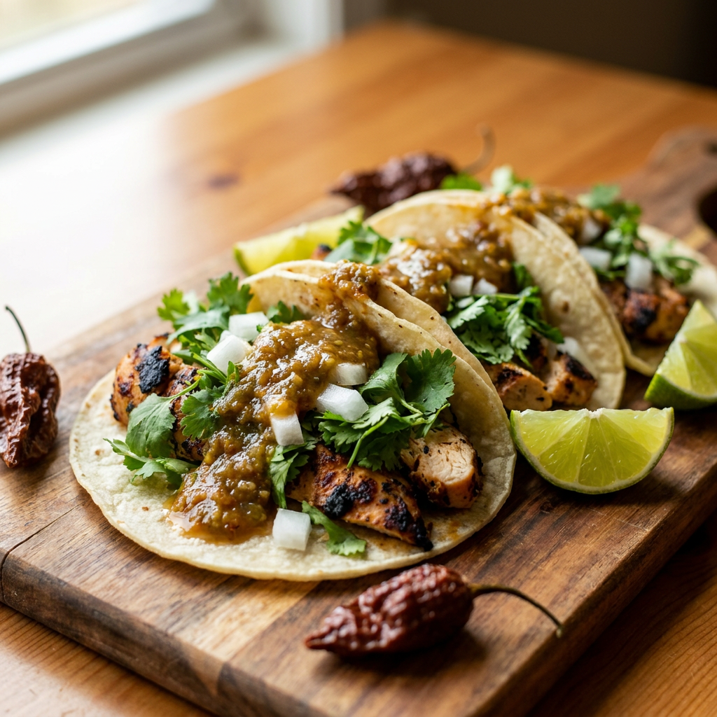 Gilly Loco Green Chile Ghost Pepper Salsa drizzled over grilled chicken street tacos with fresh cilantro, diced white onion, and lime wedges on a rustic wooden board