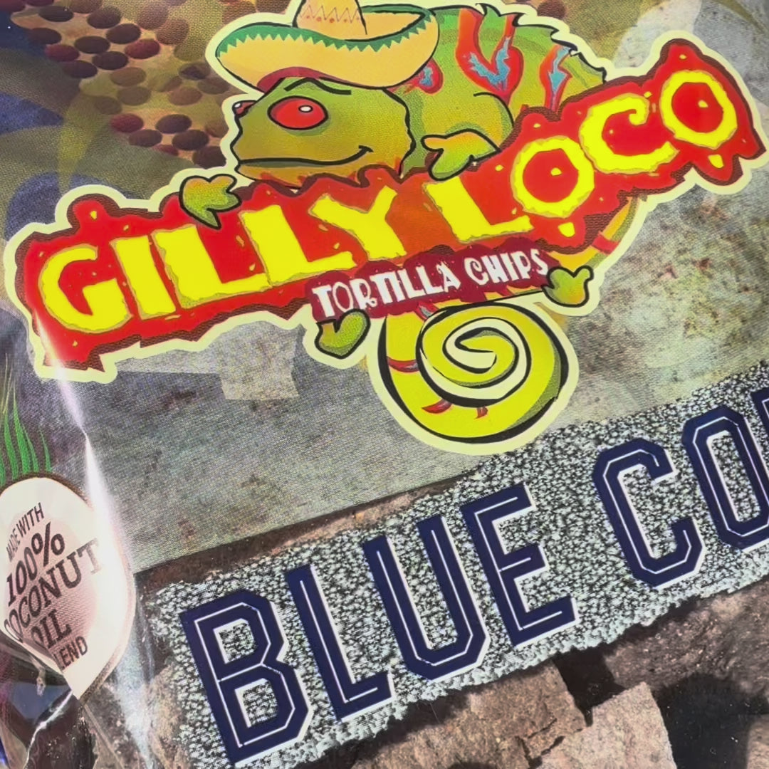 Video of Gilly Loco Blue Corn Tortilla Chips cooked in coconut oil, stone-ground for authentic Southwest crunch.