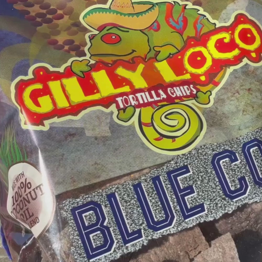 Video of Gilly Loco Blue Corn Tortilla Chips cooked in coconut oil, stone-ground for authentic Southwest crunch.