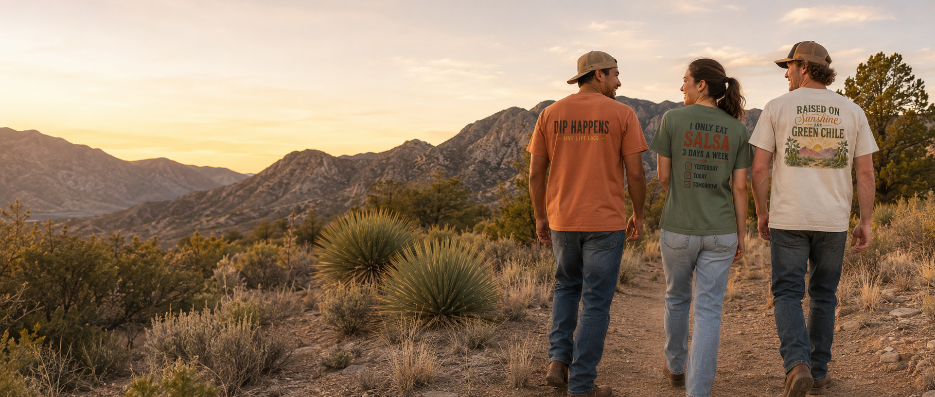 Three people walking hand in hand on a dirt trail in a desert mountain landscape at sunset, wearing graphic t-shirts. The person on the left wears an orange t-shirt with 'IF HAPPEN' printed on the back, the middle person wears a green t-shirt with 'I LOVE GREEN CHILI' printed on the back, and the person on the right wears a white t-shirt with 'BARTED BY GREEN CHILI' printed on the back.