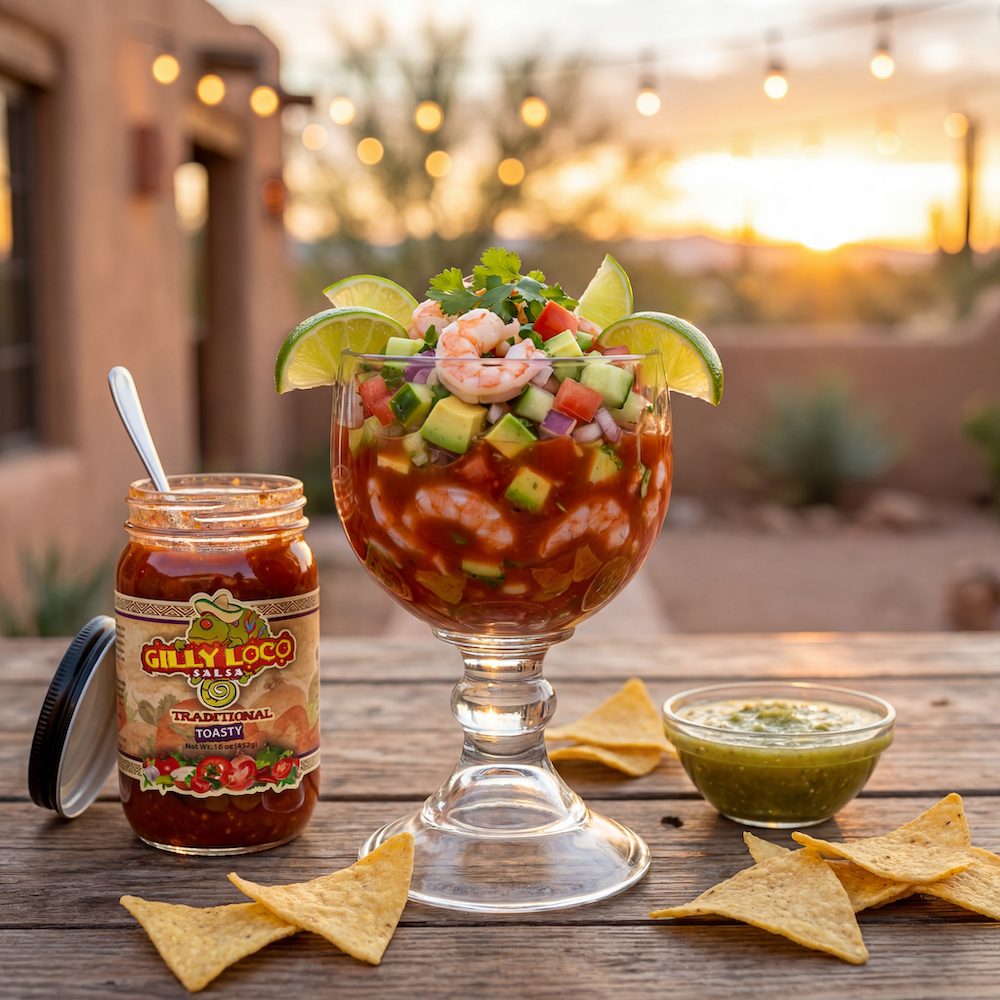 Gilly Loco Traditional Salsa served with New Mexico style shrimp cocktail, fresh avocado, lime wedges, tomatillo salsa, and tortilla chips